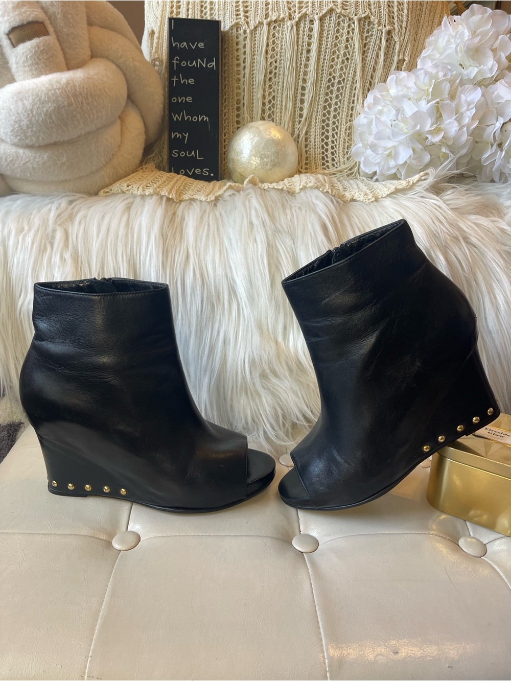 Opening Ceremony Black Leather Studded Peep-Toe Wedge Booties MSRP$350